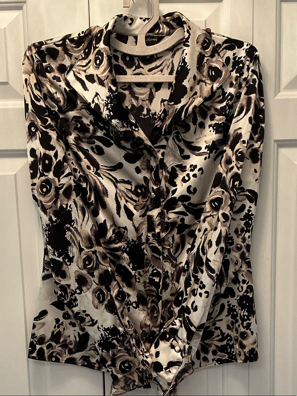 St. John Silk Floral Button-Down Blouse, flutter silk details in Beige and Black